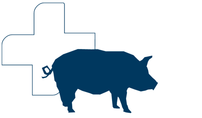 A graphic design of the Olus Plus-plus and a pig in the colour blue